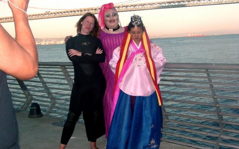 Group photo with Jenny the surfer, Rev. Faye, and Me